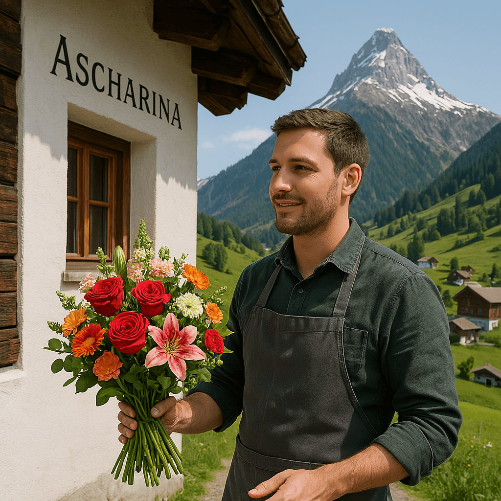 Blumenlieferung in Ascharina – Ein Florist liefert einen frischen Blumenstrauß in einem traditionellen Bündner Dorf mit Berglandschaft.