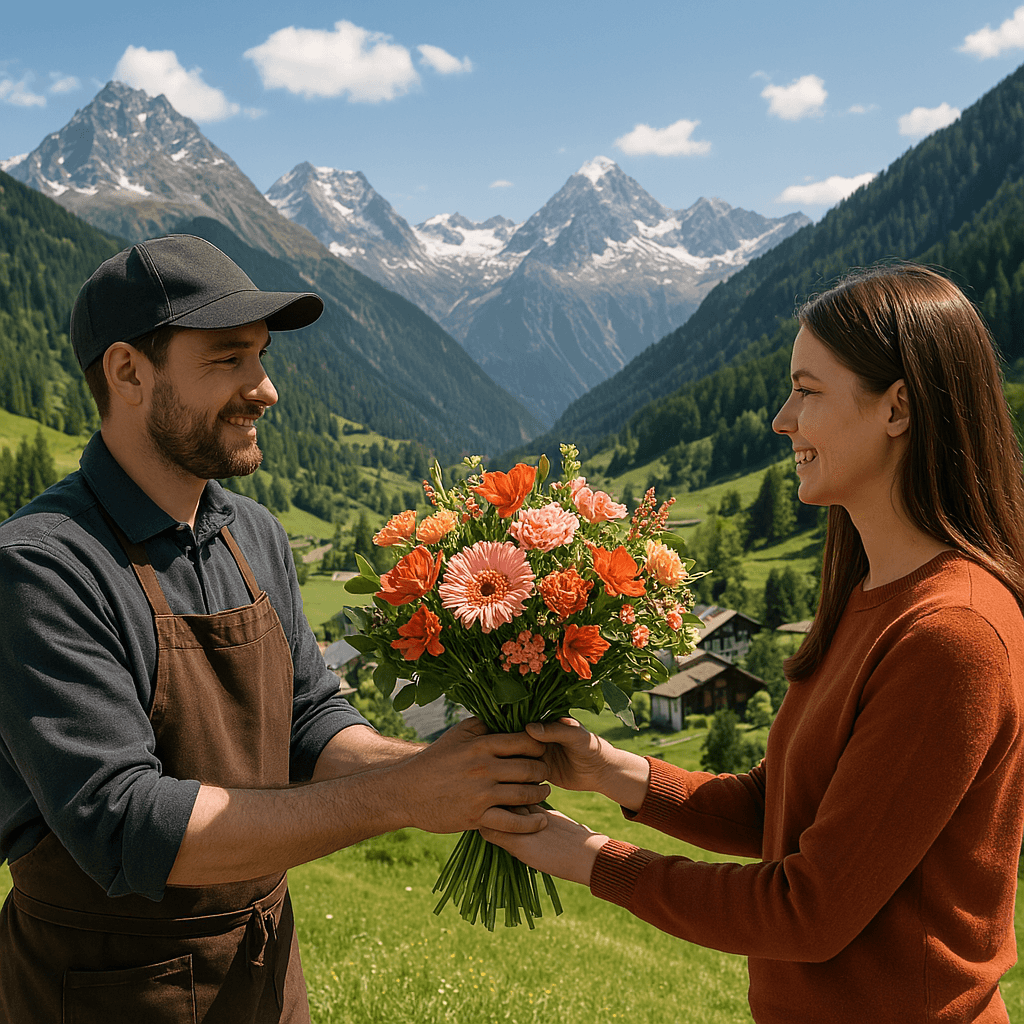 Blumenlieferung in Saas im Prättigau – Ein Florist übergibt einen frischen Blumenstrauß vor einer beeindruckenden Alpenlandschaft.