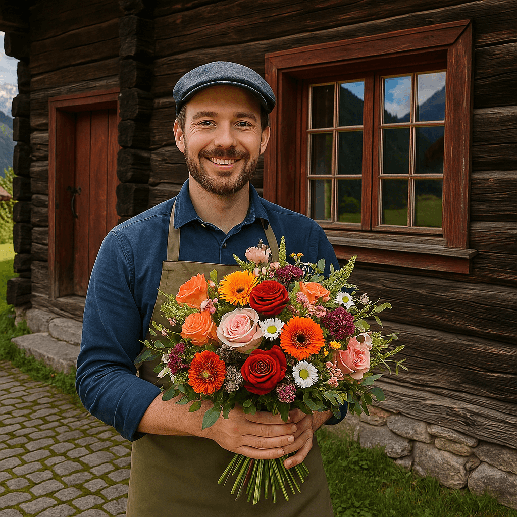 Blumenlieferung in Serneus – Ein Florist mit Blumenstrauss vor einem traditionellen Walserhaus in den Bündner Alpen.