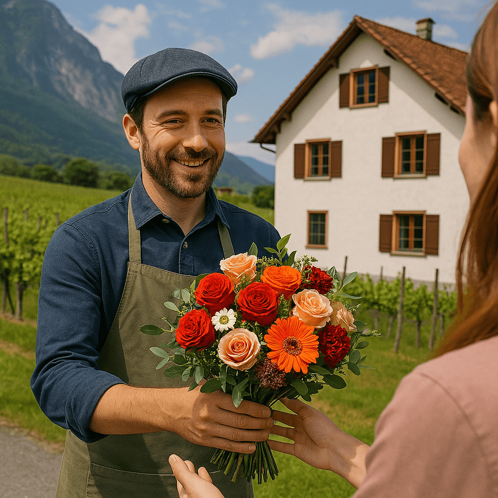 Blumenlieferung in Maienfeld – Ein Florist überreicht einen Strauss vor Rebbergen und einem traditionellen Haus in der Bündner Herrschaft.
