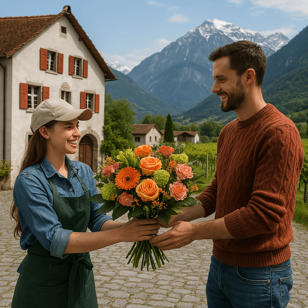 Blumenlieferung in Fläsch – Florist übergibt einen frischen Blumenstrauß vor einem traditionellen Bündner Weingut und den Alpen.