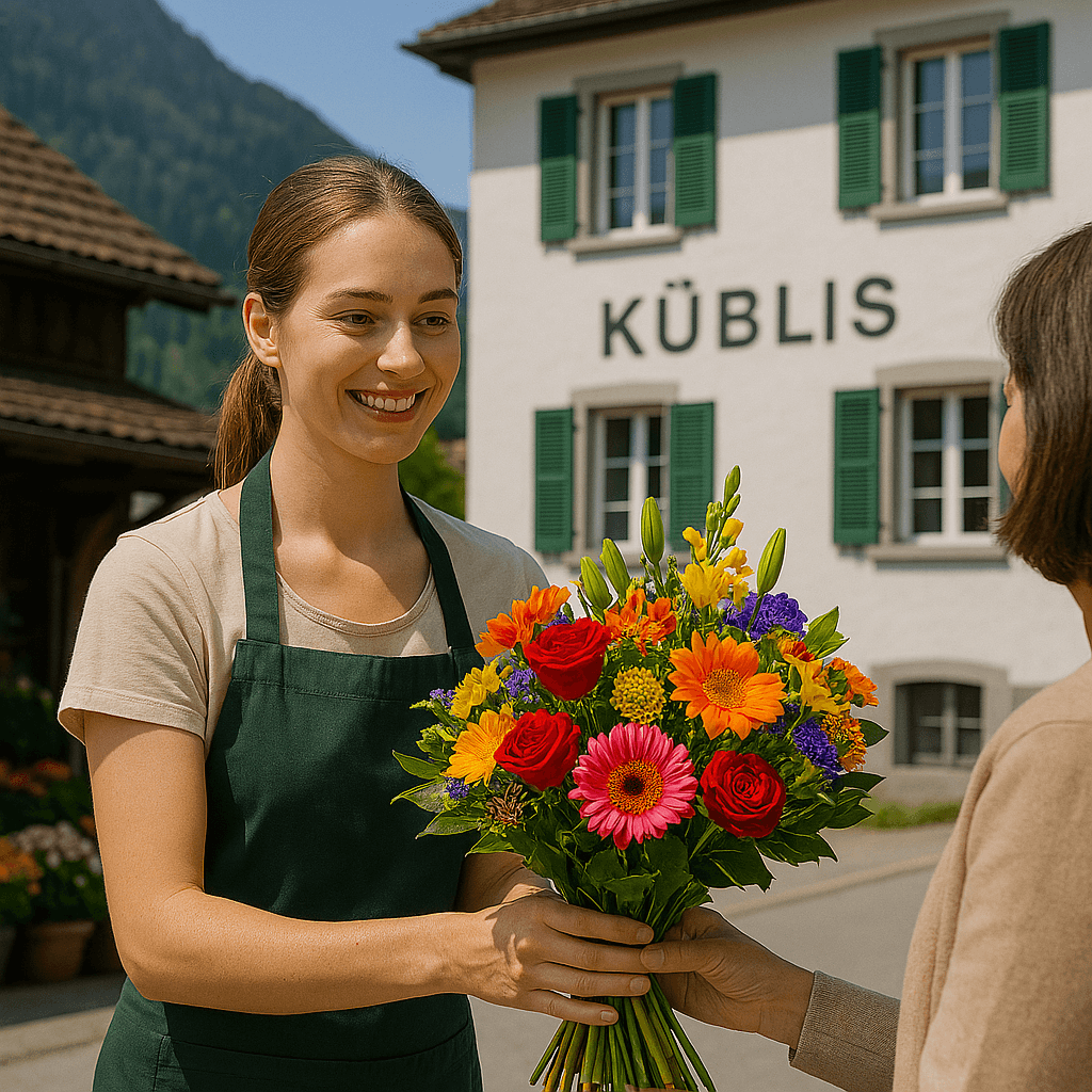 Blumenlieferung in Luzein – Ein Florist übergibt einen Strauss vor einer traditionellen Bündner Bergkulisse mit Holzhaus.