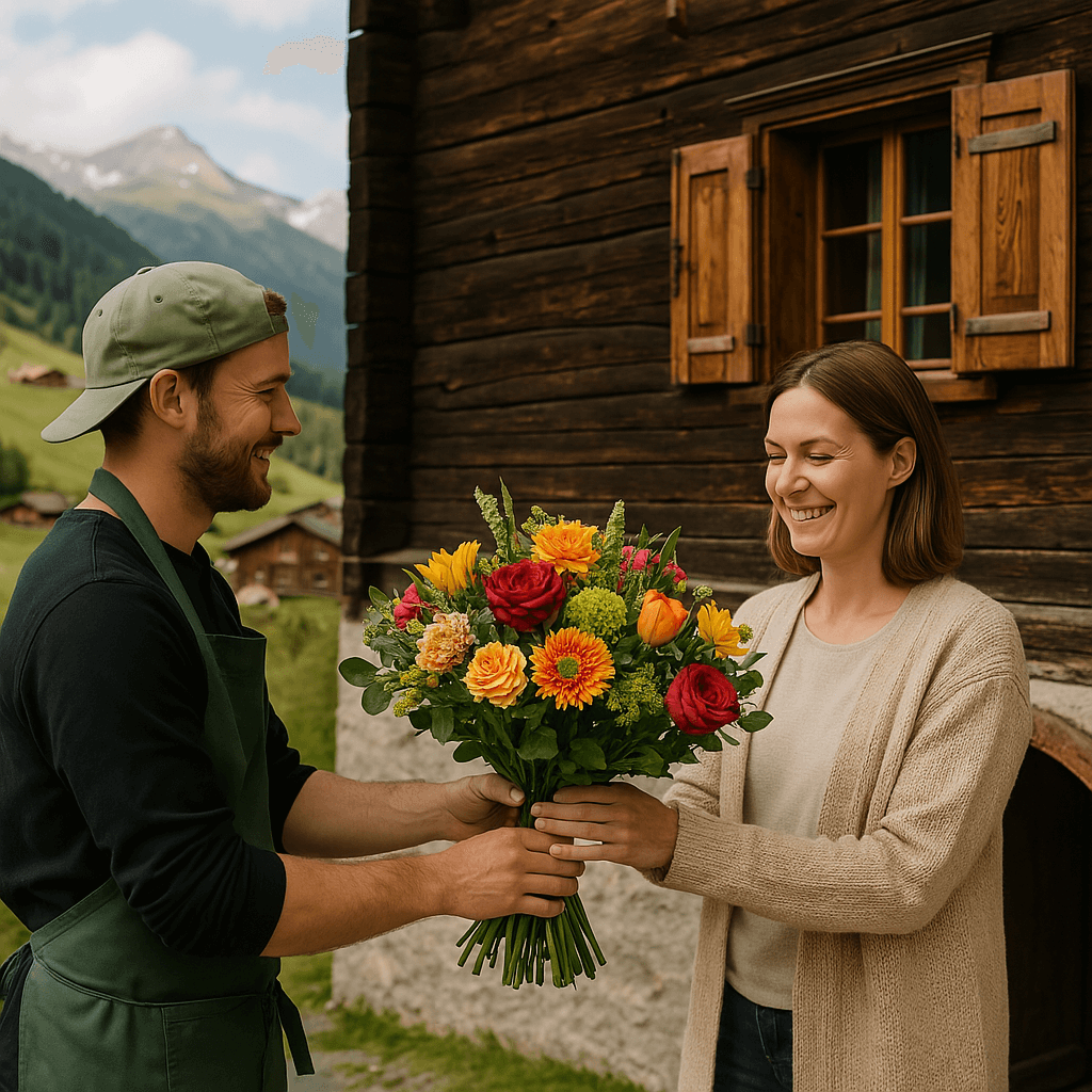Blumenlieferung in Pany – Florist übergibt einen bunten Strauss vor einer traditionellen Bündner Berglandschaft.