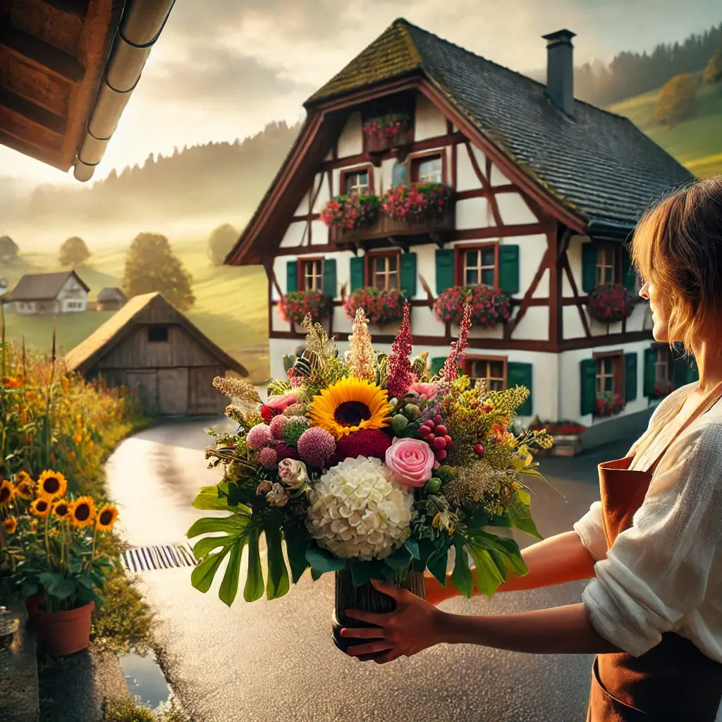 Blumenlieferung in Bowil – Frischer Blumenstrauss wird vor einem Emmentaler Bauernhaus übergeben.