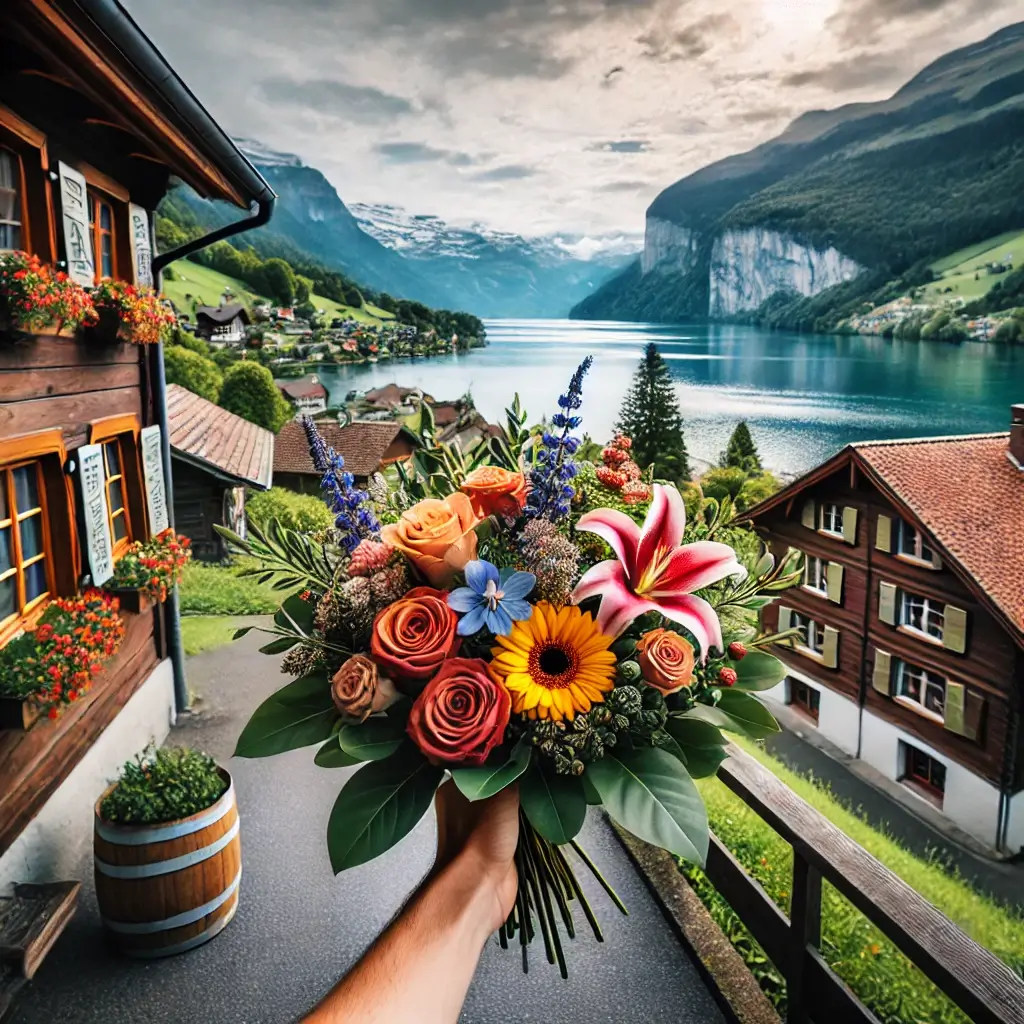 Blumenlieferung in Goldswil bei Interlaken – Frischer Blumenstrauss wird vor einem Chalet mit Blick auf den Brienzersee überreicht.