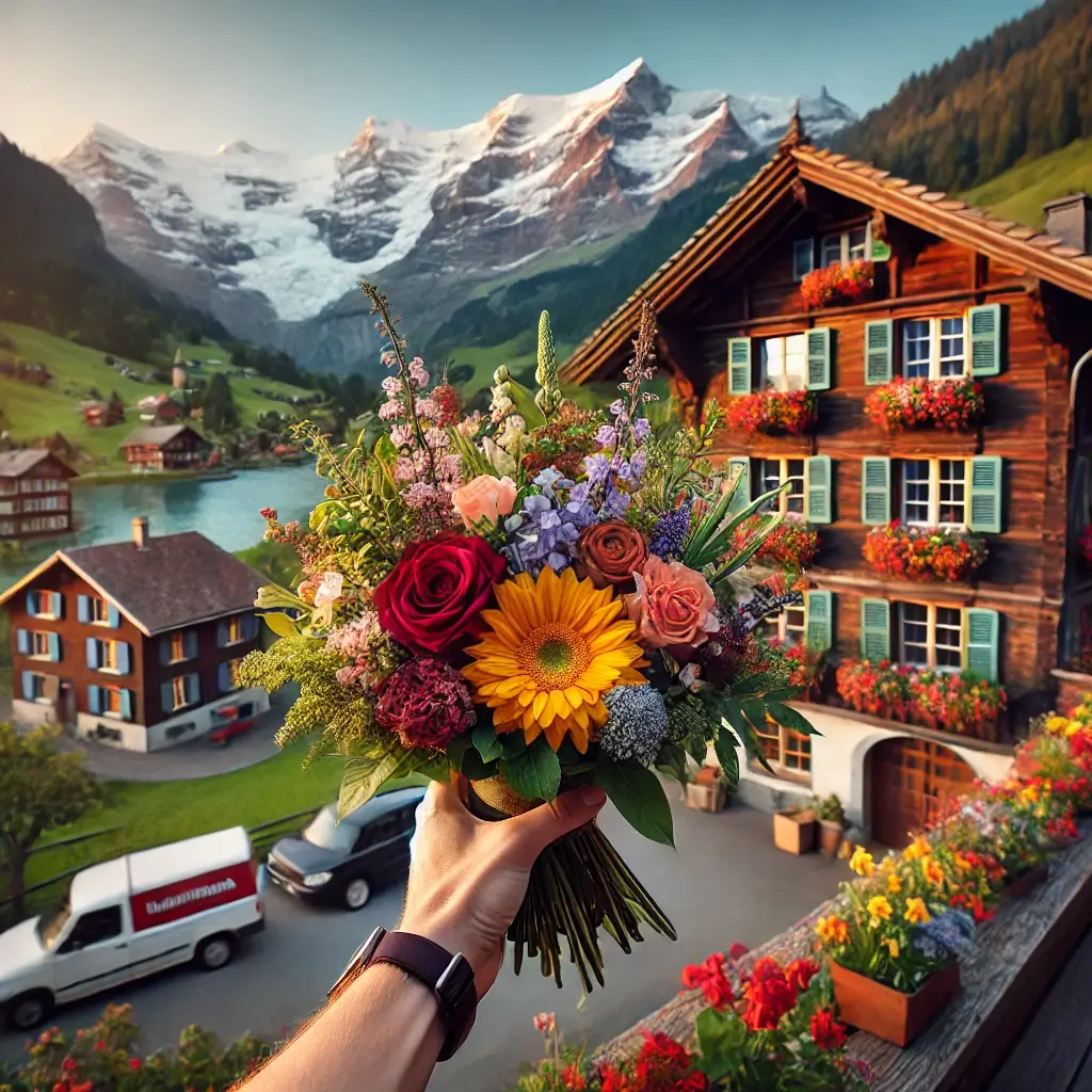 Blumenlieferung in Wilderswil – Frischer Blumenstrauss wird vor einem Chalet mit Alpenpanorama überreicht.
