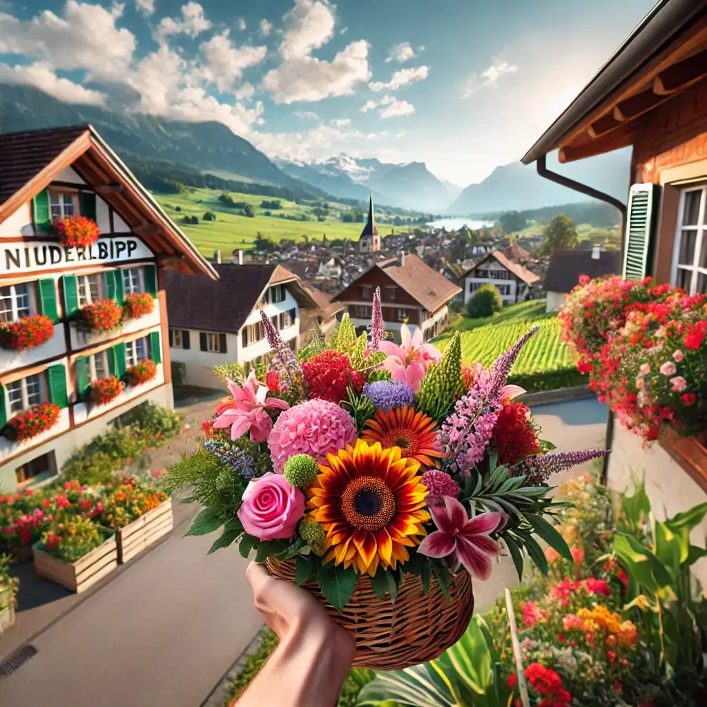 Blumenlieferung in Niederbipp – Frischer Blumenstrauss wird vor einem Haus mit Blick auf das Mittelland überreicht.