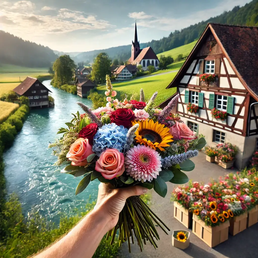 Blumenlieferung in Schwarzhäusern – Frischer Blumenstrauss wird vor einem Bauernhaus mit Blick auf die Aare überreicht.
