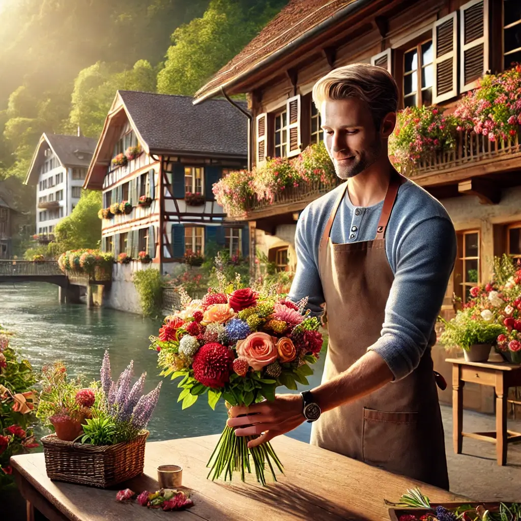 Blumenlieferung in Aarwangen – Frischer Blumenstrauss wird vor einem Haus mit Blick auf die Aare überreicht.
