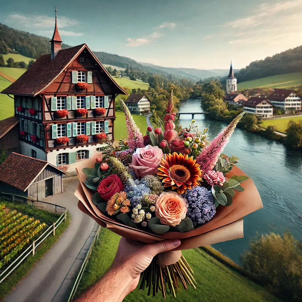 Blumenlieferung in Bannwil – Frischer Blumenstrauss wird vor einem Bauernhaus mit Blick auf die Aare überreicht.