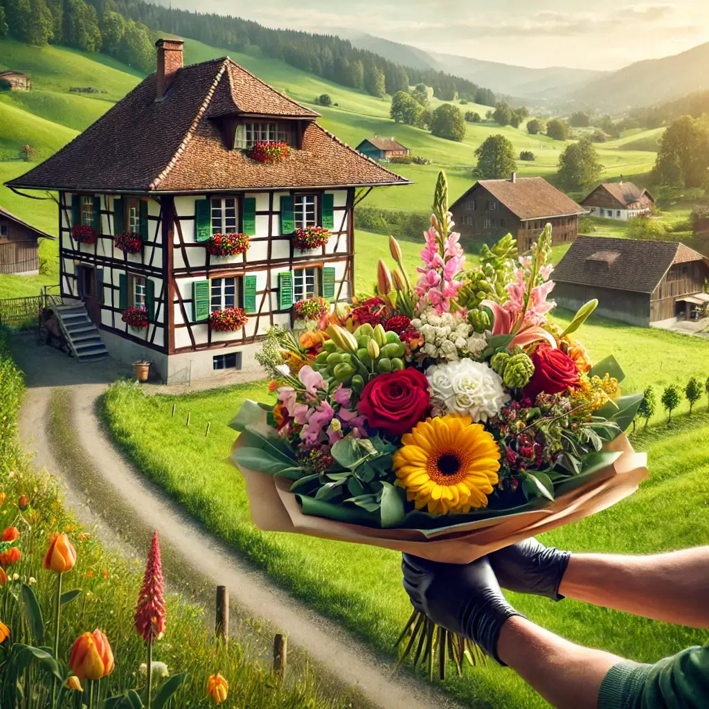 Blumenlieferung in Busswil bei Melchnau – Frischer Blumenstrauss wird vor einem Bauernhaus mit ländlicher Kulisse überreicht.
