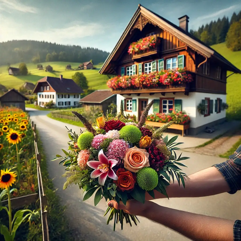 Blumenlieferung in Bützberg – Frischer Blumenstrauss wird vor einem Haus mit ländlicher Kulisse überreicht.