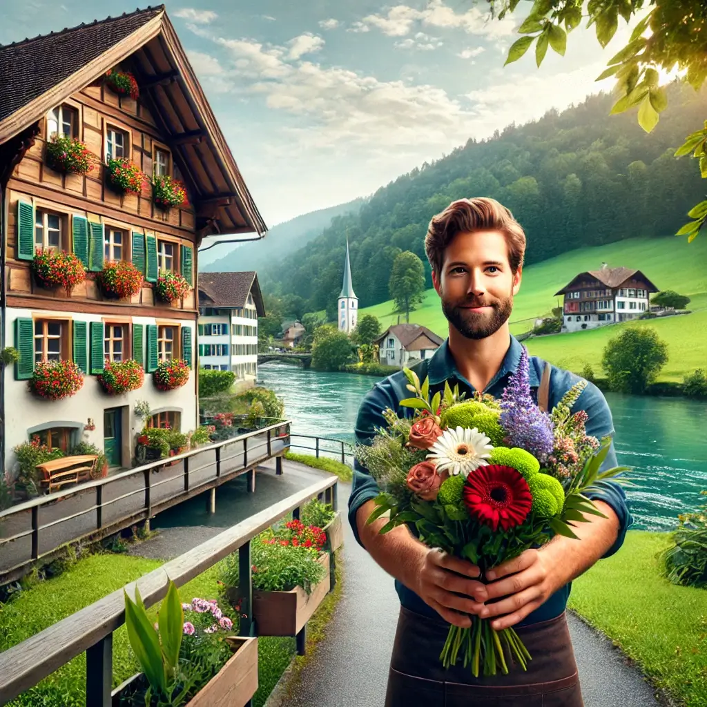 Blumenlieferung in Wynau – Frischer Blumenstrauss wird vor einem Haus mit Blick auf die Aare überreicht.