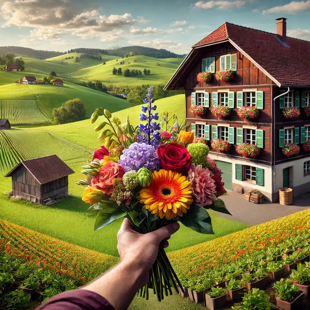 Blumenlieferung in Gutenburg – Frischer Blumenstrauss wird vor einem Bauernhaus mit hügeliger Landschaft überreicht.