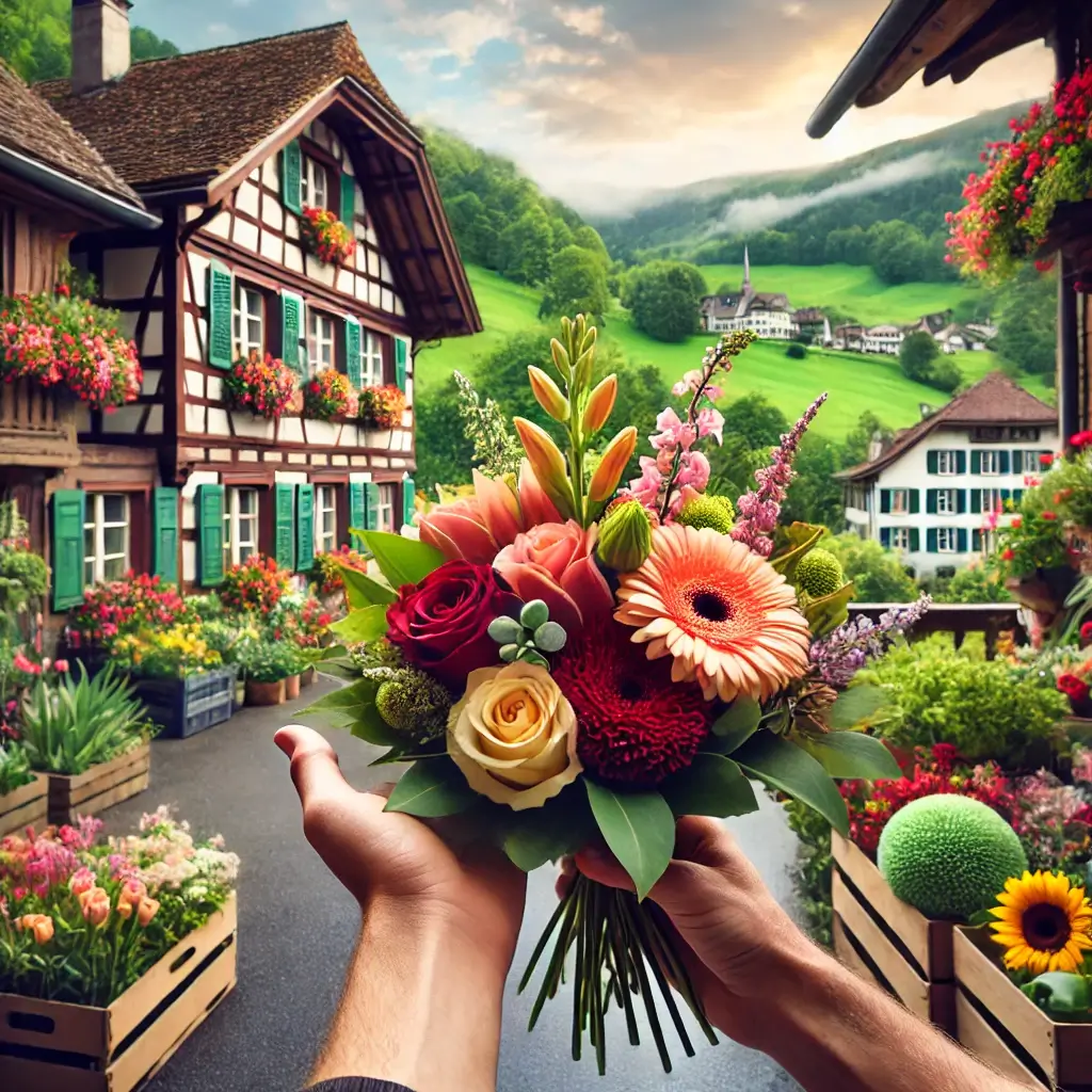Blumenlieferung in Lotzwil – Frischer Blumenstrauss wird vor einem Haus mit ländlicher Kulisse überreicht.