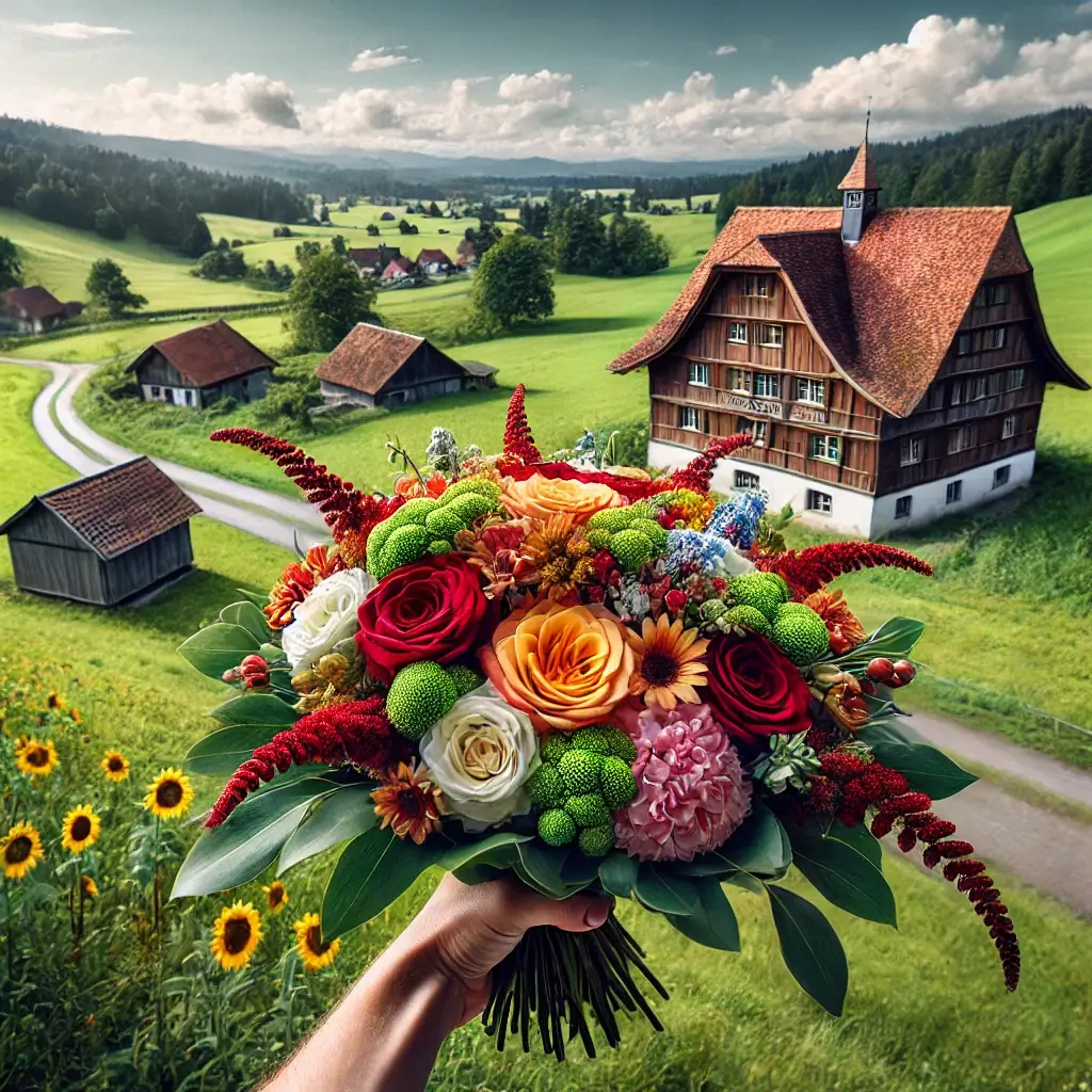Blumenlieferung in Rütschelen – Frischer Blumenstrauss wird vor einem Bauernhaus mit ländlicher Kulisse überreicht.