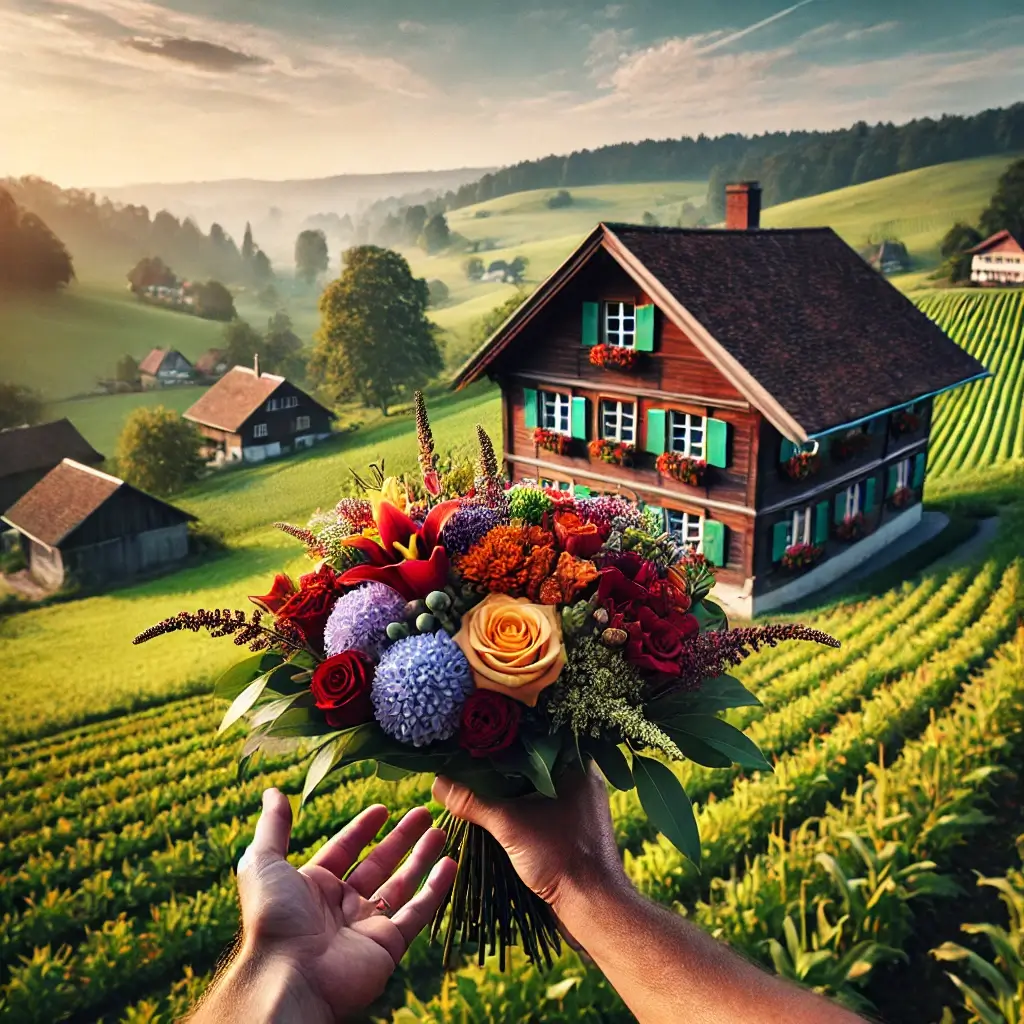 Blumenlieferung in Leimiswil – Frischer Blumenstrauss wird vor einem Bauernhaus mit ländlicher Kulisse überreicht.