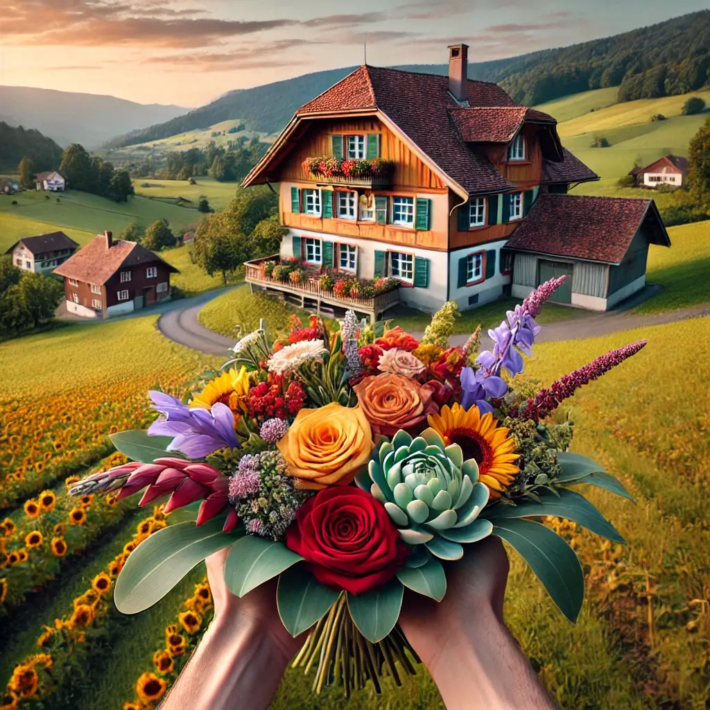 Blumenlieferung in Kleindietwil – Frischer Blumenstrauss wird vor einem Bauernhaus mit ländlicher Kulisse überreicht.