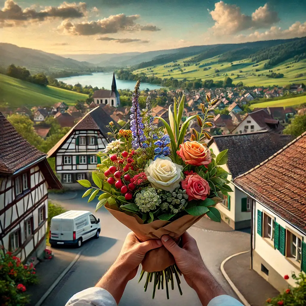 Blumenlieferung in Ursenbach – Frischer Blumenstrauss wird vor einem Bauernhaus mit ländlicher Kulisse überreicht.