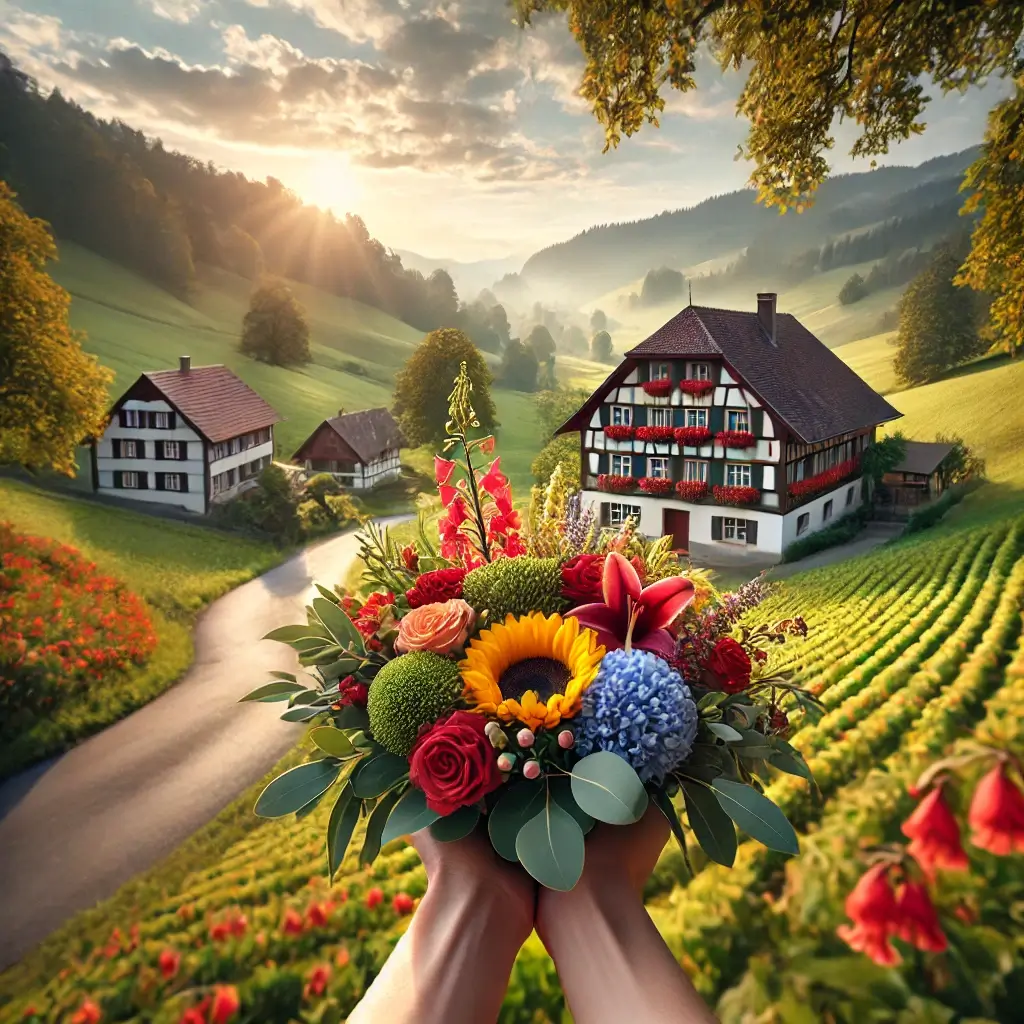 Blumenlieferung in Rohrbachgraben – Frischer Blumenstrauss wird vor einem Bauernhaus mit ländlicher Kulisse überreicht.