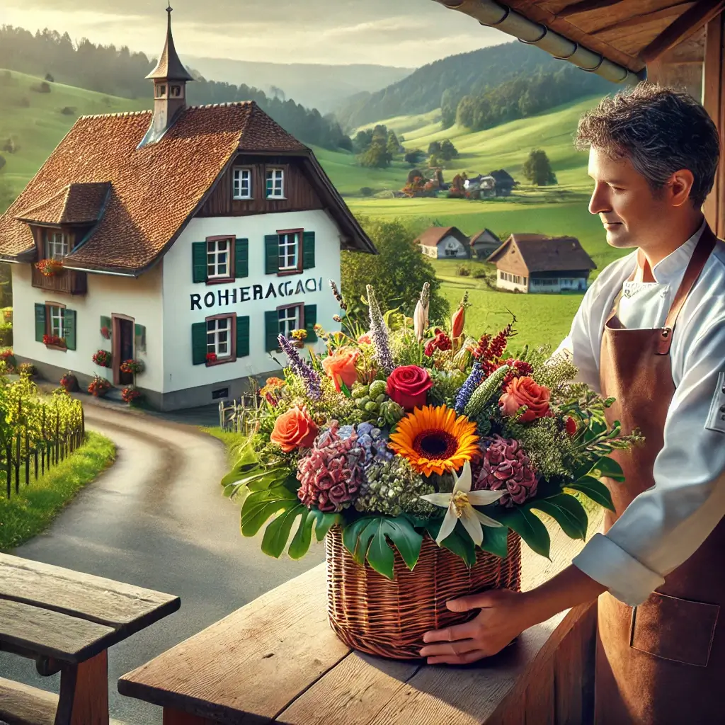 Blumenlieferung in Rohrbach – Frischer Blumenstrauss wird vor einem Bauernhaus mit ländlicher Kulisse überreicht.