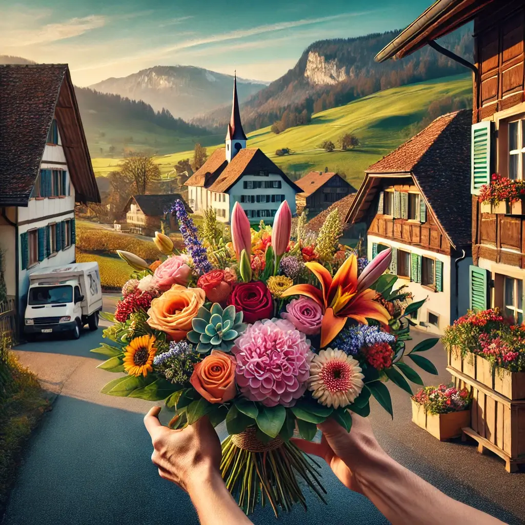 Blumenlieferung in Walterswil BE – Frischer Blumenstrauss wird vor einem Bauernhaus mit ländlicher Kulisse überreicht.