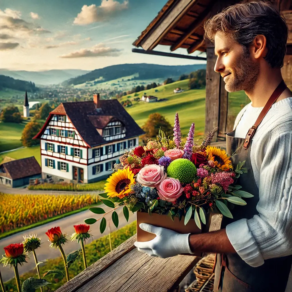 Blumenlieferung in Oeschenbach – Frischer Blumenstrauss wird vor einem Bauernhaus mit ländlicher Kulisse überreicht.
