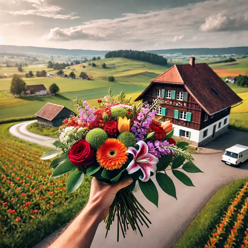 Blumenlieferung in Huttwil – Frischer Blumenstrauss wird vor einem Bauernhaus mit ländlicher Kulisse überreicht.