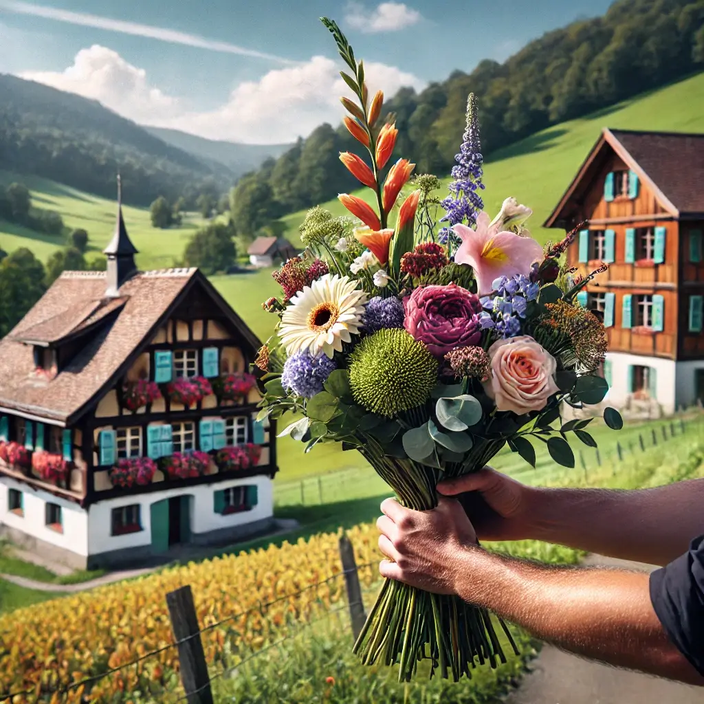 Blumenlieferung in Eriswil – Frischer Blumenstrauss wird vor einem Bauernhaus mit ländlicher Kulisse überreicht.