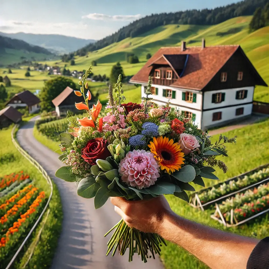 Blumenlieferung in Schwarzenbach (Huttwil) – Frischer Blumenstrauss wird vor einem Bauernhaus mit ländlicher Kulisse überreicht.
