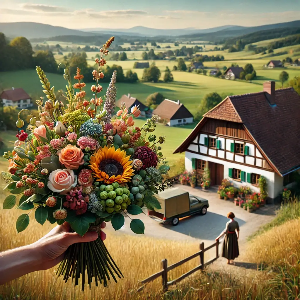 Blumenlieferung in Wyssachen – Frischer Blumenstrauss wird vor einem Bauernhaus mit ländlicher Kulisse überreicht.