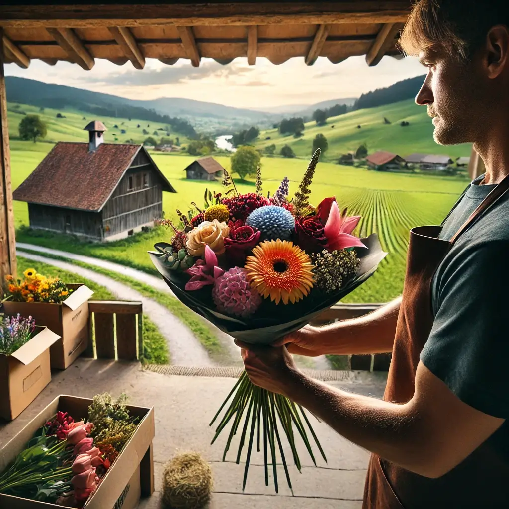 Blumenlieferung in Gondiswil – Frischer Blumenstrauss wird vor einem Bauernhaus mit ländlicher Kulisse überreicht.