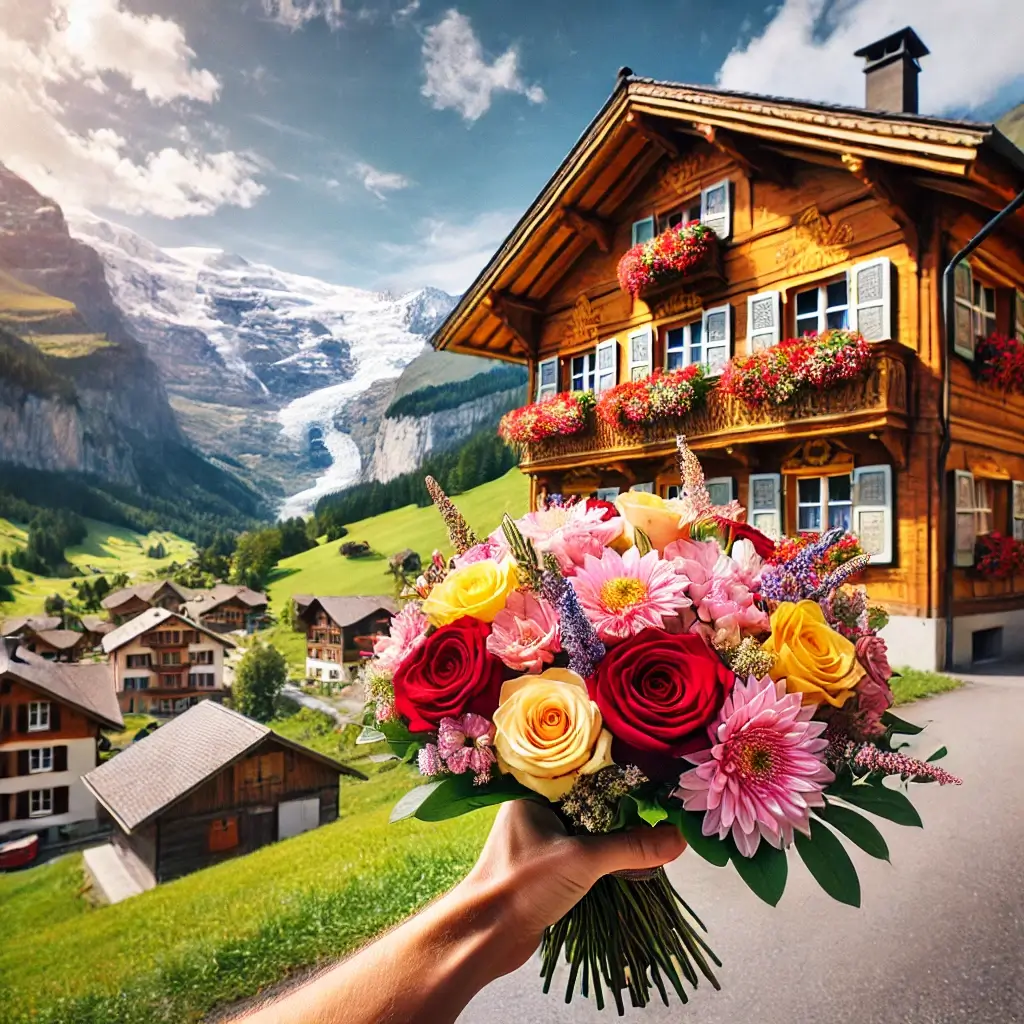 Blumenlieferung in Hasliberg Wasserwendi – Frischer Blumenstrauss wird vor einem Chalet mit Alpenpanorama überreicht.