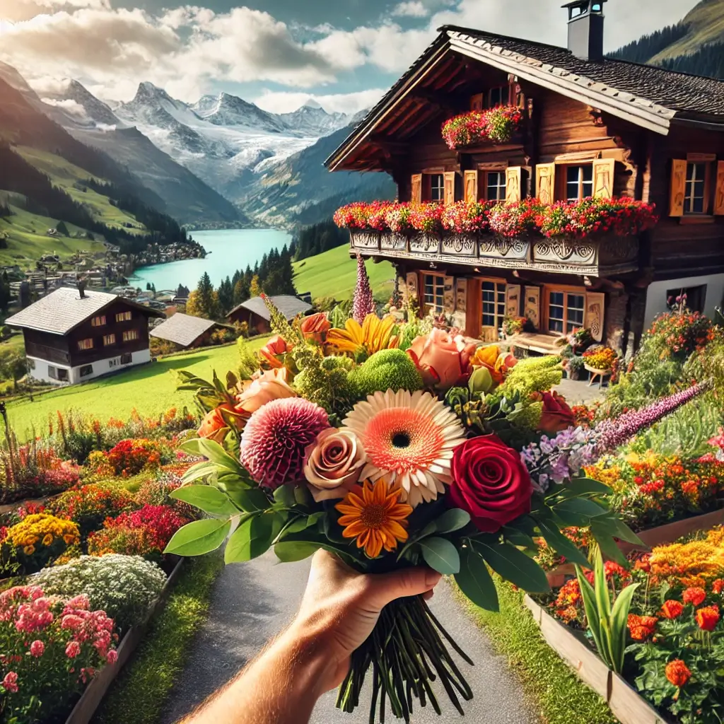 Blumenlieferung in Hasliberg Goldern – Frischer Blumenstrauss wird vor einem Chalet mit Alpenpanorama überreicht.