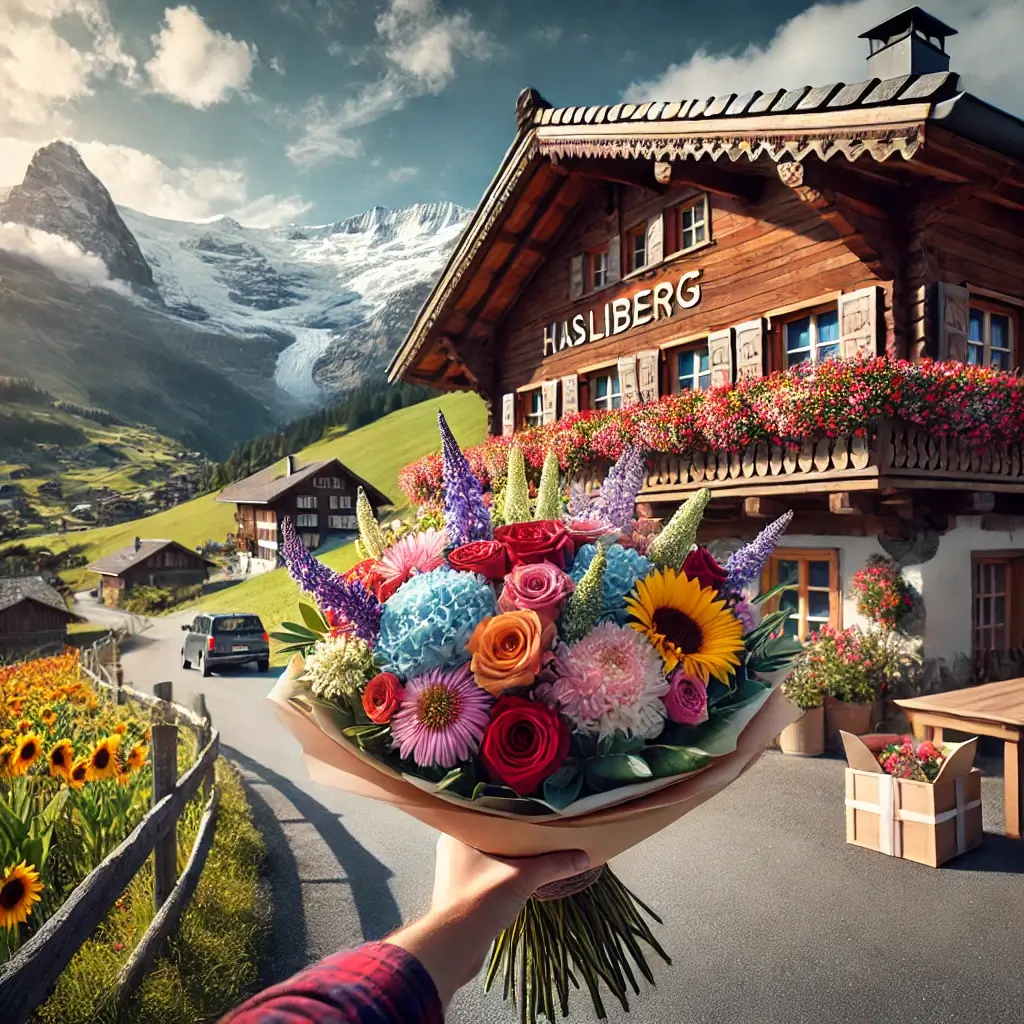Blumenlieferung in Hasliberg Reuti – Frischer Blumenstrauss wird vor einem Chalet mit Alpenpanorama überreicht.