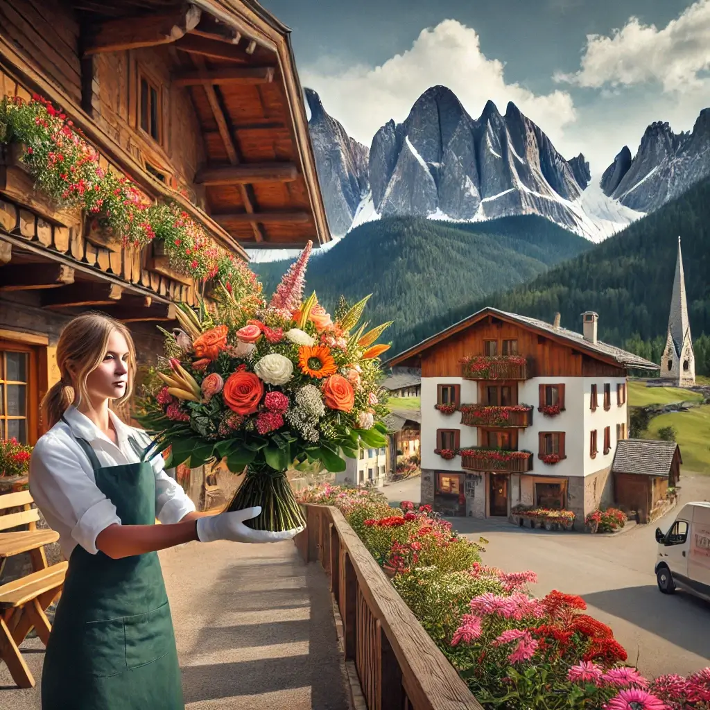 Blumenlieferung in S. Vittore – Frischer Blumenstrauss wird vor einem Chalet mit Alpenpanorama überreicht.