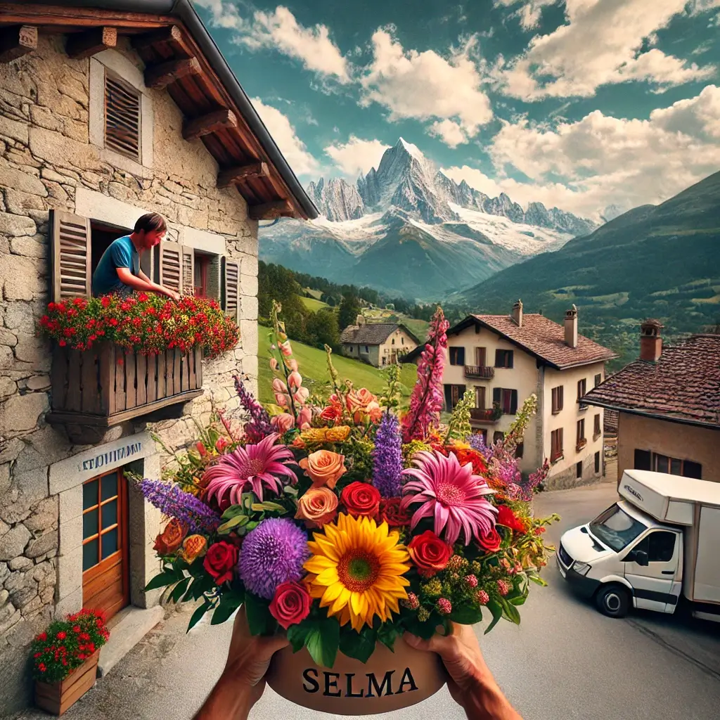 Blumenlieferung in Selma – Frischer Blumenstrauss wird vor einem Steinhaus mit Bergpanorama überreicht.
