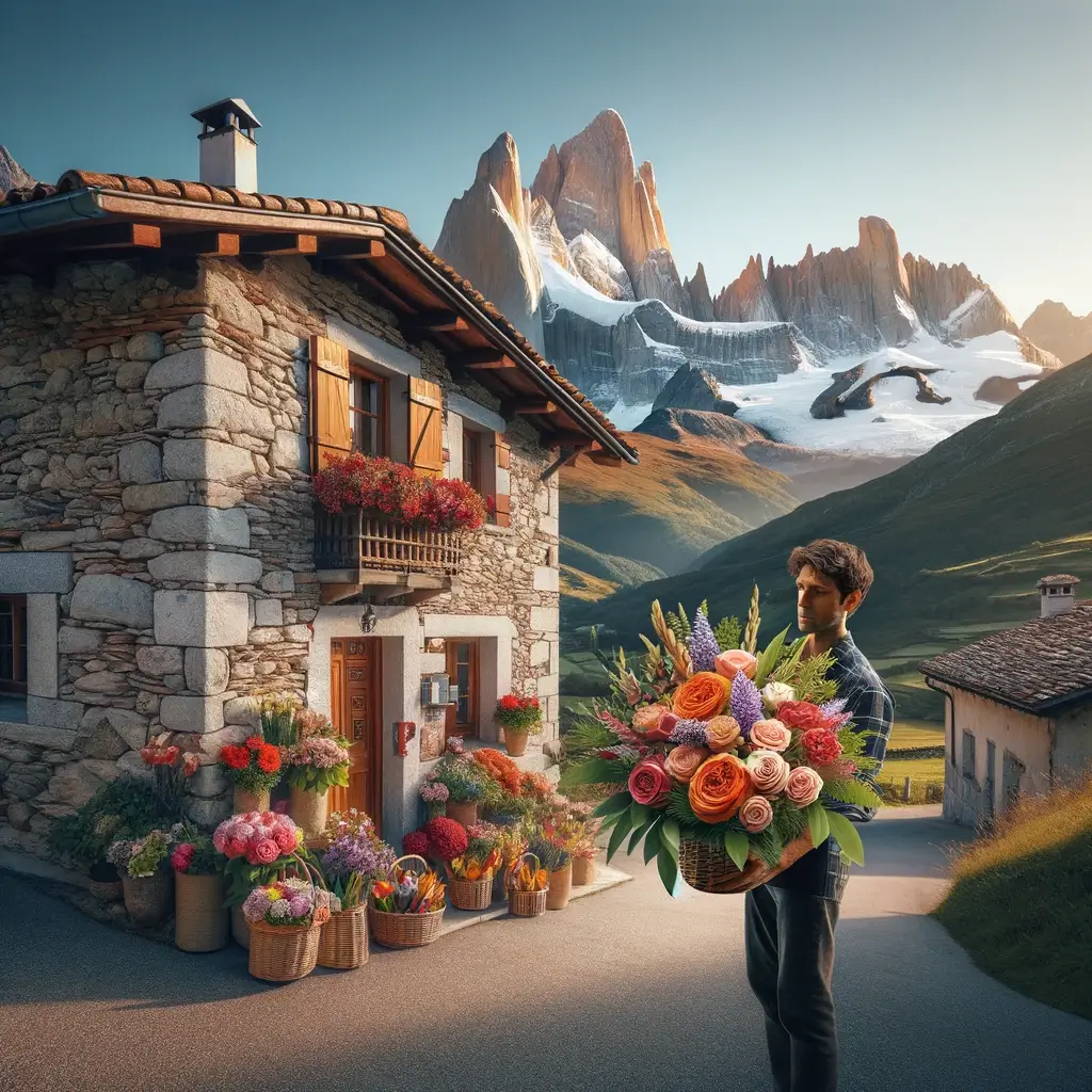 Blumenlieferung in Cauco – Frischer Blumenstrauss wird vor einem Steinhaus mit Bergpanorama überreicht.