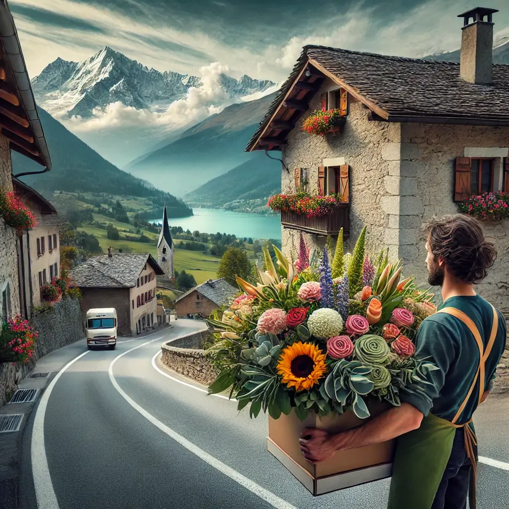 Blumenlieferung in Augio – Frischer Blumenstrauss wird vor einem Steinhaus mit Bergpanorama überreicht.