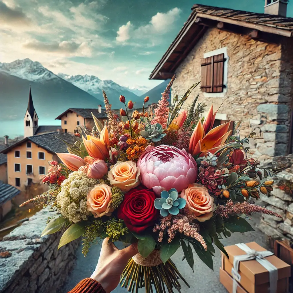 Blumenlieferung in Rossa – Frischer Blumenstrauss wird vor einem Steinhaus mit Bergpanorama überreicht.