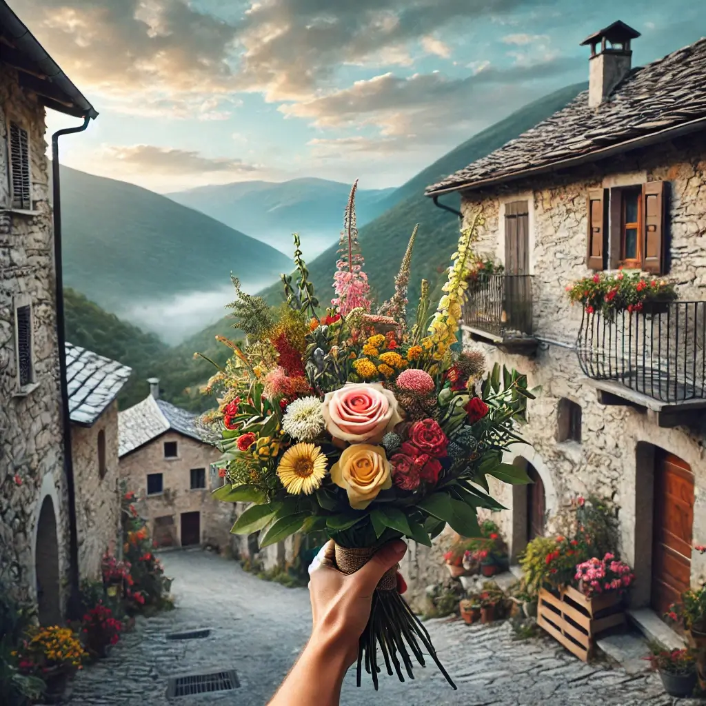 Blumenlieferung in Leggia – Frischer Blumenstrauss wird vor einem Steinhaus mit Bergkulisse überreicht.