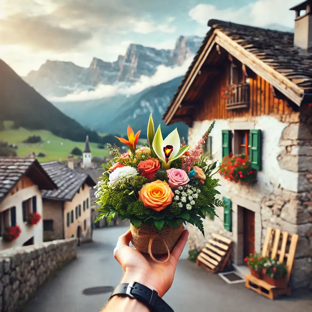 Blumenlieferung in Cama – Frischer Blumenstrauss wird vor einem Steinhaus mit Bergkulisse überreicht.