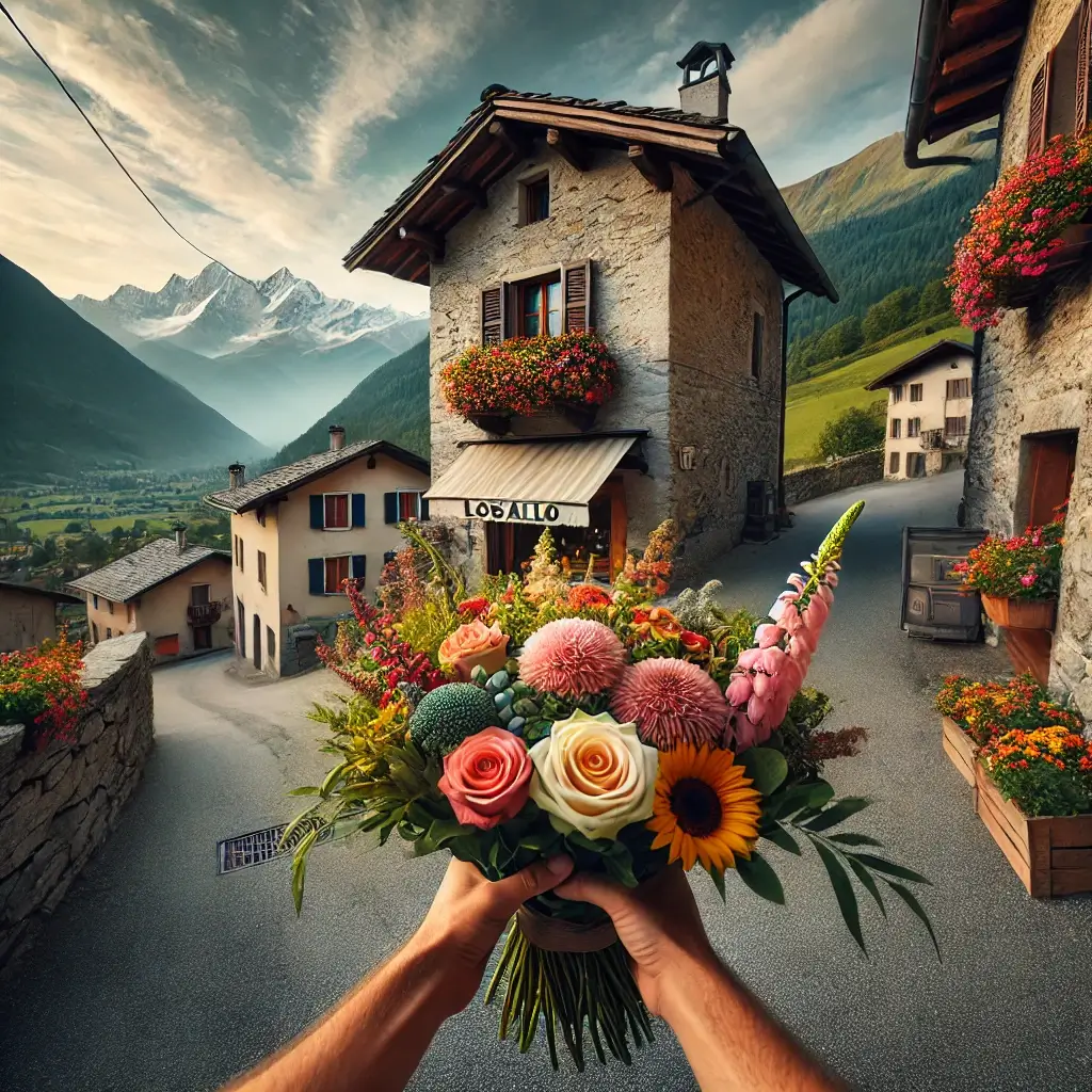 Blumenlieferung in Lostallo – Frischer Blumenstrauss wird vor einem Steinhaus mit Bergkulisse überreicht.