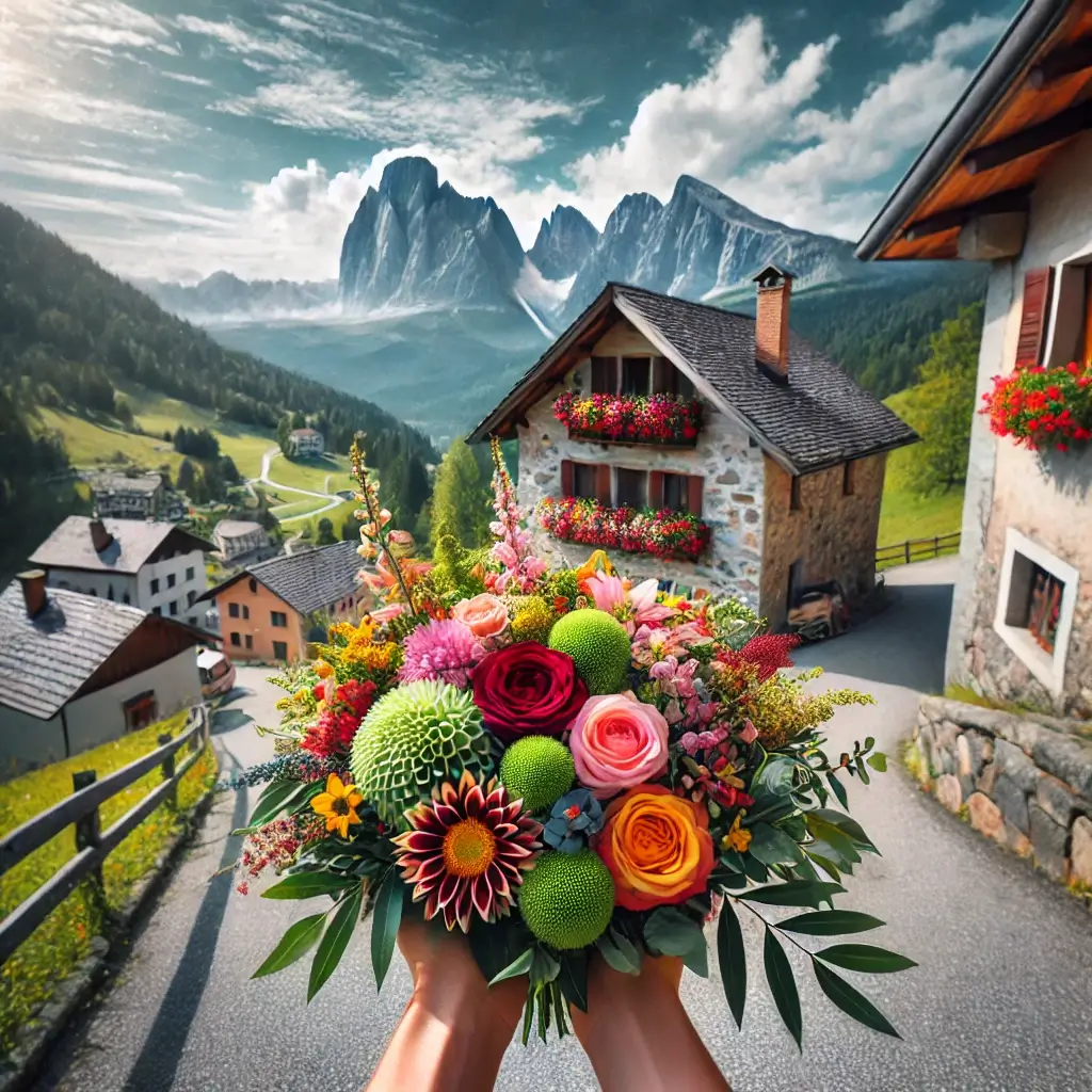 Blumenlieferung in Soazza – Frischer Blumenstrauss wird vor einem Steinhaus mit Bergkulisse überreicht.