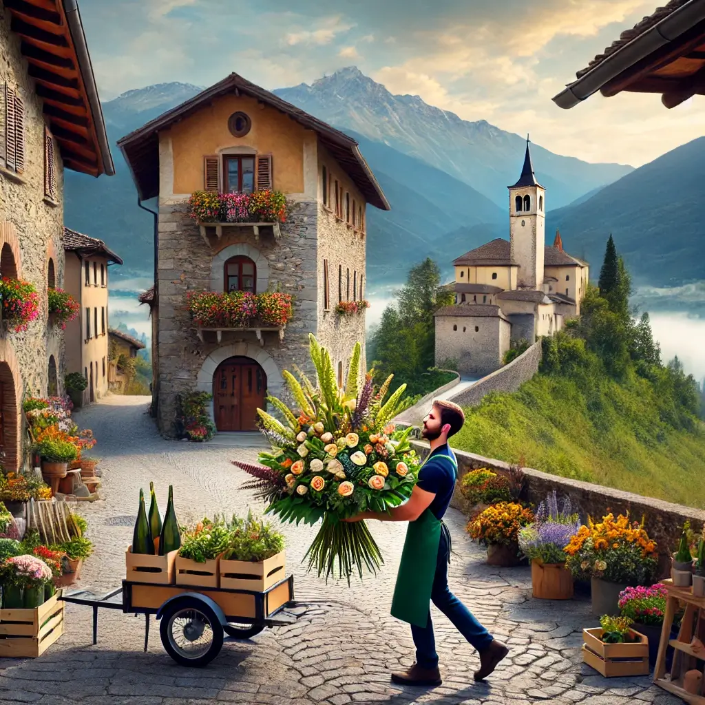 Blumenlieferung in Mesocco – Frischer Blumenstrauss wird vor einem Steinhaus mit Blick auf das Castello di Mesocco überreicht.