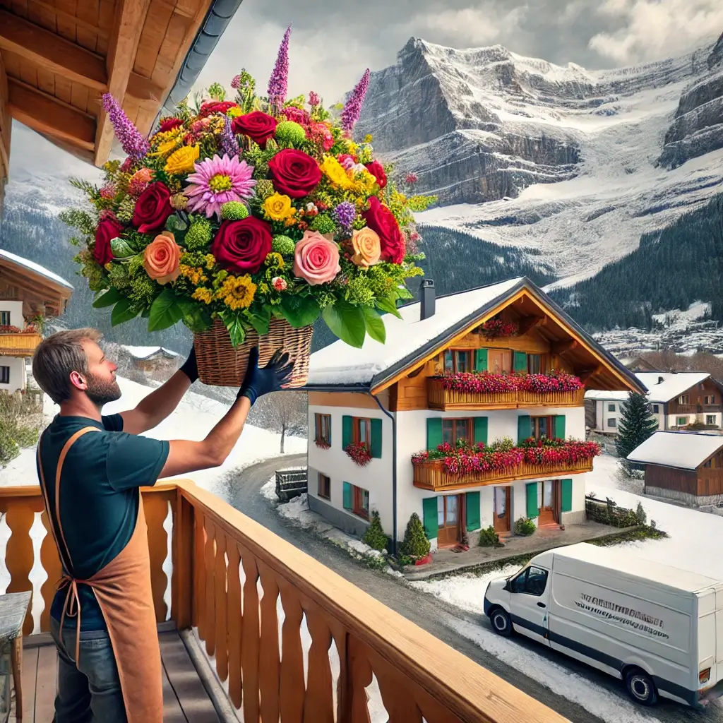 Blumenlieferung in S. Bernardino – Frischer Blumenstrauss wird vor einem Chalet mit Bergkulisse überreicht.