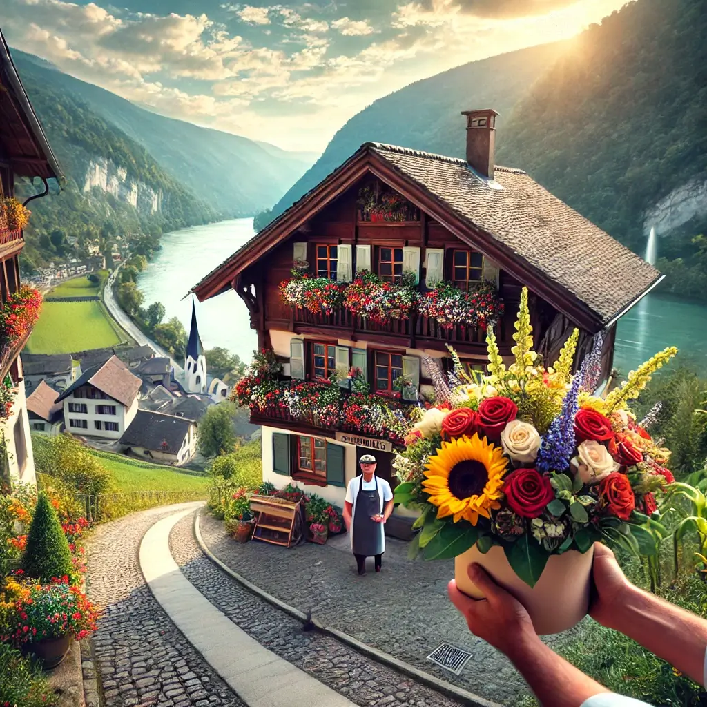 Blumenlieferung in Trin – Frischer Blumenstrauss wird vor einem Chalet mit Alpenpanorama überreicht.