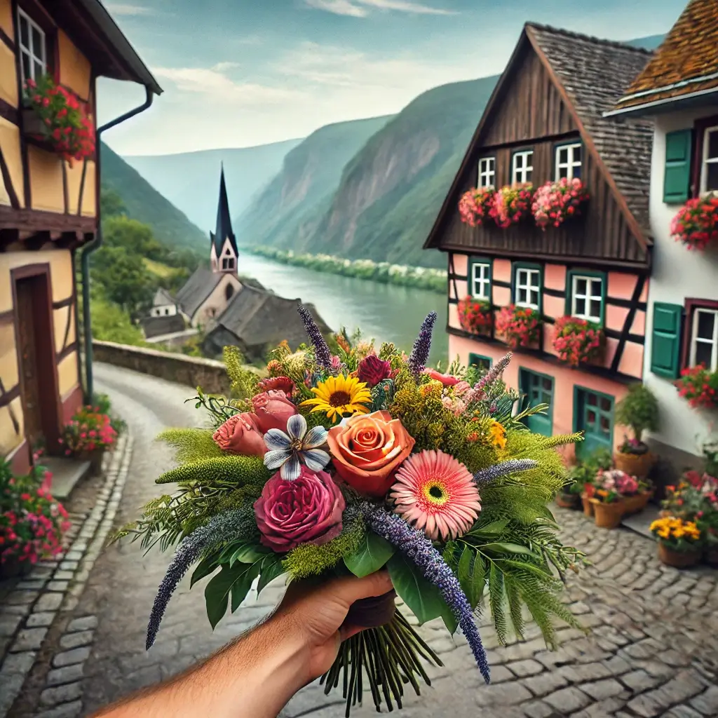 Blumenlieferung in Tamins – Frischer Blumenstrauss wird vor einem Haus mit Blick auf die Rheinschlucht überreicht.