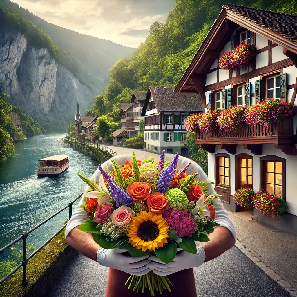 Blumenlieferung in Trin Mulin – Frischer Blumenstrauss wird vor einem Chalet mit Alpenpanorama überreicht.