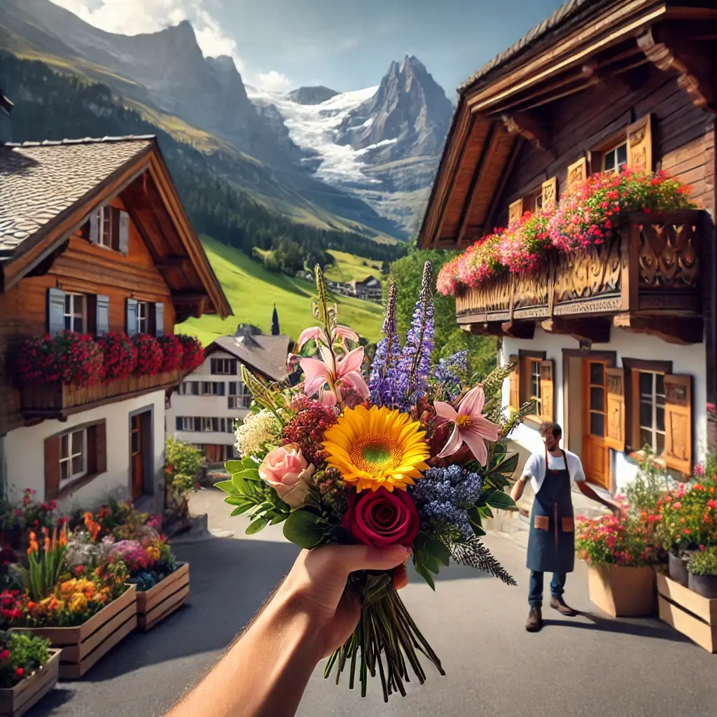 Blumenlieferung in Flims Dorf – Frischer Blumenstrauss wird vor einem Chalet mit Alpenpanorama überreicht.